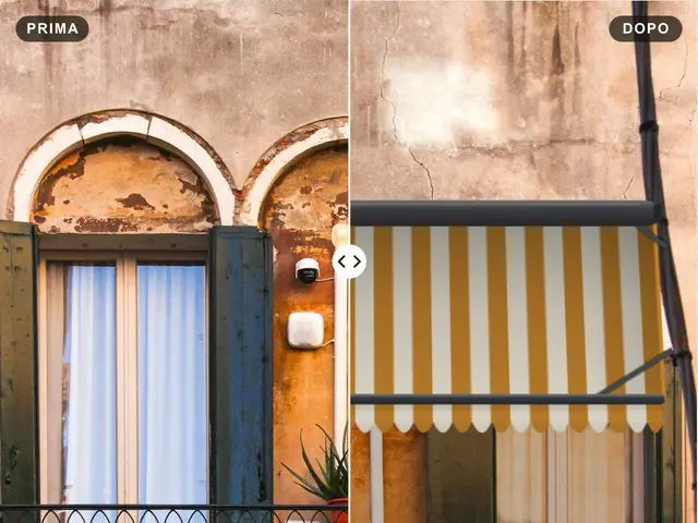 Lo stesso balcone prima e dopo: a destra con una tenda da sole a righe ocra simulata